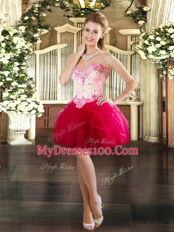Charming Sweetheart Sleeveless Party Dress Wholesale Mini Length Beading and Ruffles Red Tulle