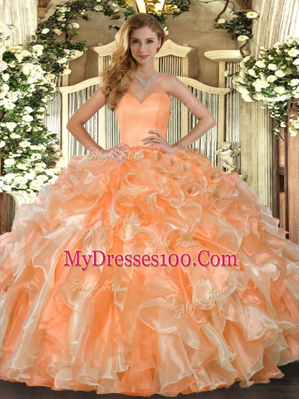 Designer Orange Sleeveless Floor Length Beading and Ruffles Lace Up 15 Quinceanera Dress