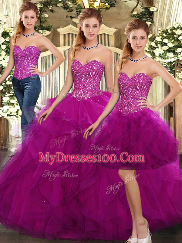 Best Floor Length Three Pieces Sleeveless Fuchsia Quinceanera Dresses Lace Up