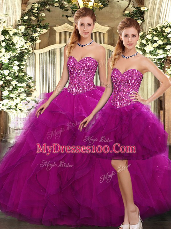 Best Floor Length Three Pieces Sleeveless Fuchsia Quinceanera Dresses Lace Up