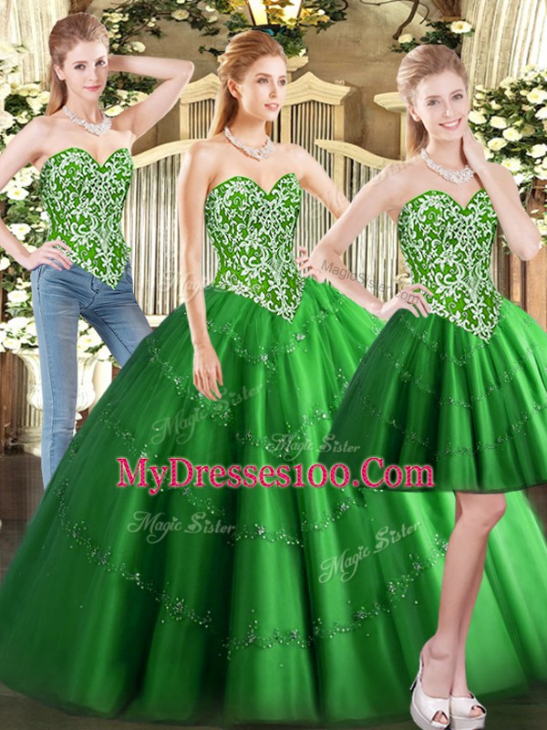 Green Tulle Lace Up Ball Gown Prom Dress Sleeveless Floor Length Beading