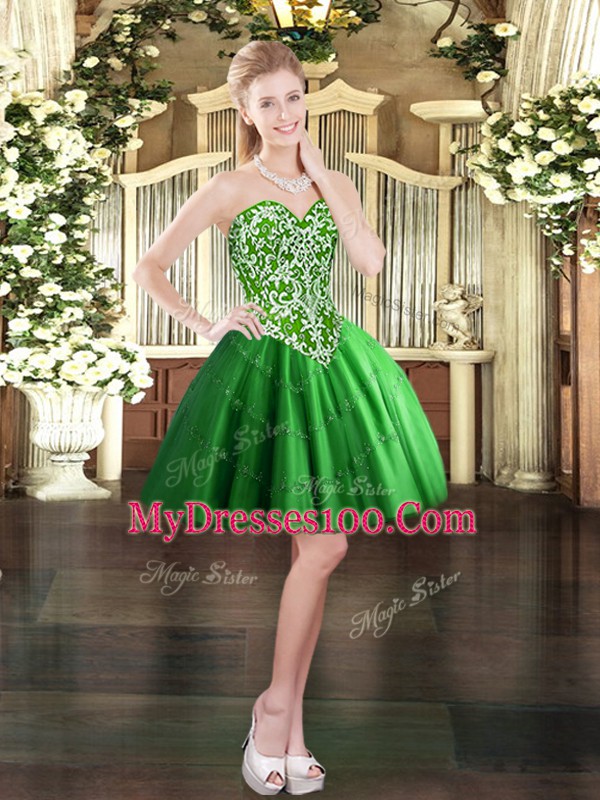 Green Tulle Lace Up Ball Gown Prom Dress Sleeveless Floor Length Beading