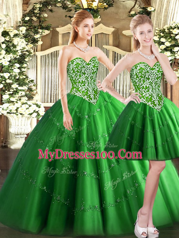 Green Tulle Lace Up Ball Gown Prom Dress Sleeveless Floor Length Beading