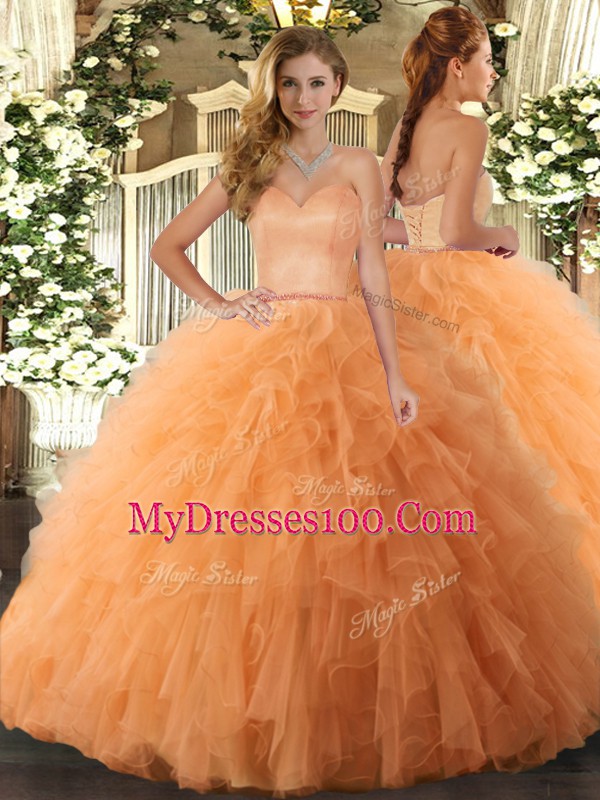 Orange Ball Gowns Ruffles Quince Ball Gowns Lace Up Tulle Sleeveless Floor Length