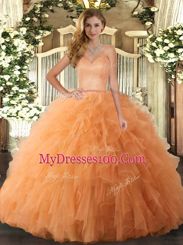 Orange Ball Gowns Ruffles Quince Ball Gowns Lace Up Tulle Sleeveless Floor Length