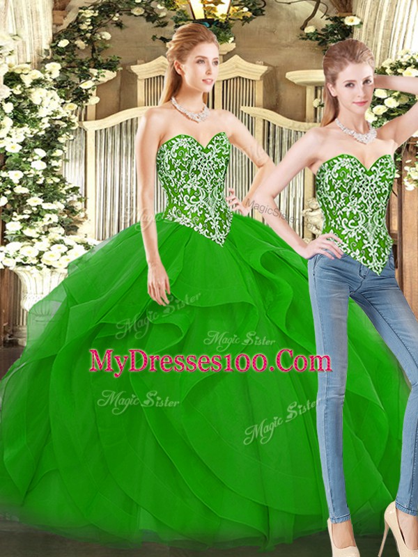 Hot Selling Green Lace Up Sweetheart Beading and Ruffles 15 Quinceanera Dress Organza Sleeveless