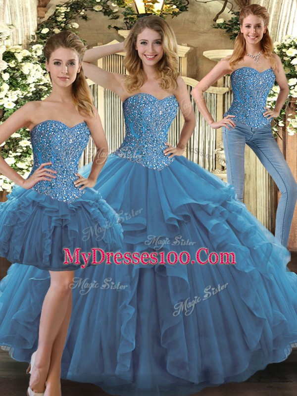 Glorious Teal Ball Gowns Sweetheart Sleeveless Tulle Floor Length Lace Up Beading and Ruffles Sweet 16 Quinceanera Dress
