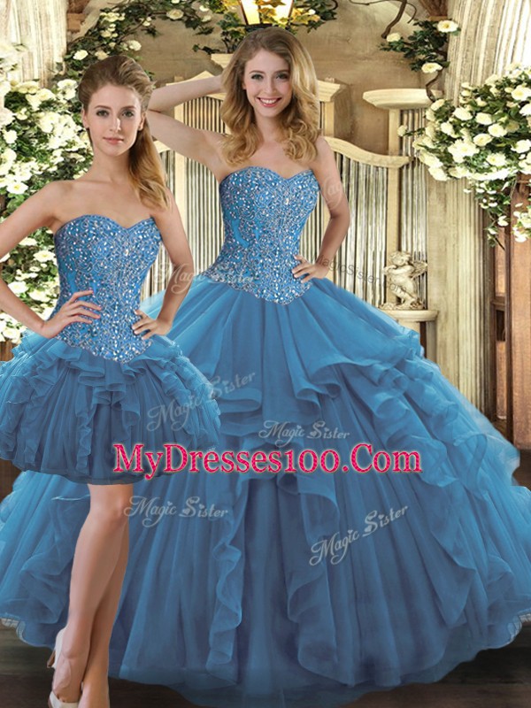 Glorious Teal Ball Gowns Sweetheart Sleeveless Tulle Floor Length Lace Up Beading and Ruffles Sweet 16 Quinceanera Dress