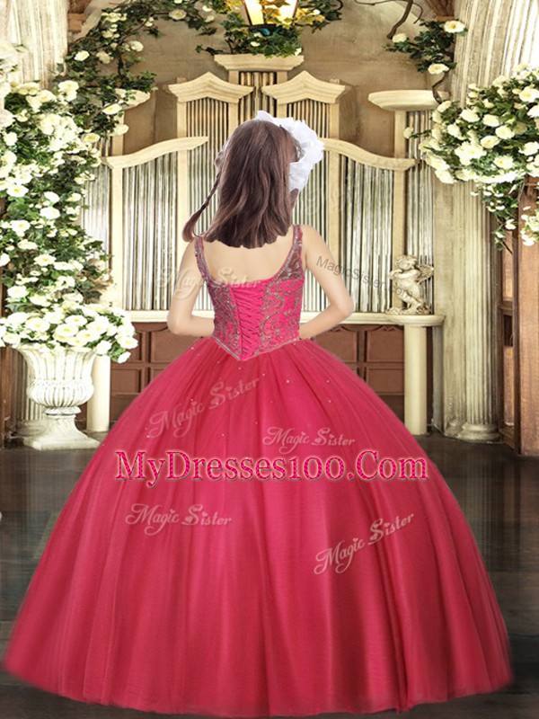 Floor Length Ball Gowns Sleeveless Coral Red Pageant Dress for Teens Lace Up