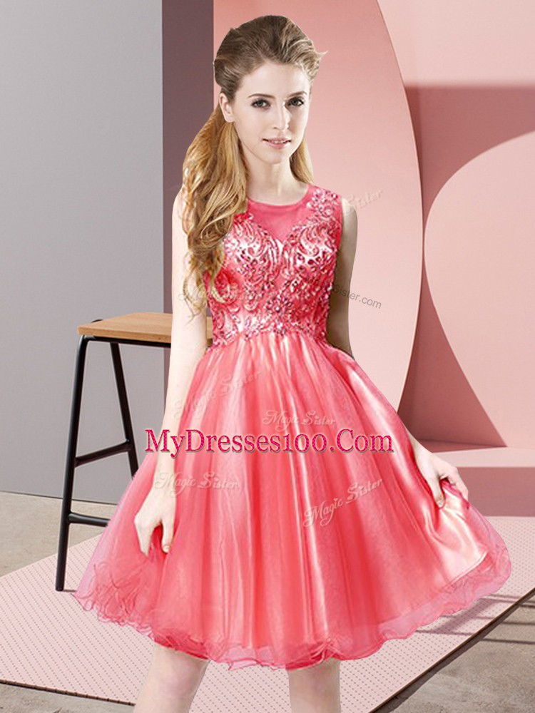 Charming Coral Red Zipper Scoop Beading Prom Evening Gown Tulle Sleeveless