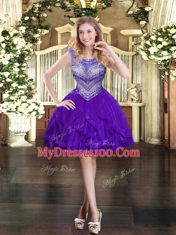 Charming Purple Ball Gowns Scoop Sleeveless Tulle Mini Length Zipper Beading and Ruffles Homecoming Dress
