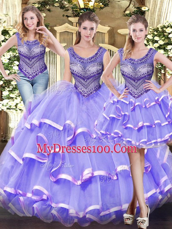 Sleeveless Tulle Floor Length Lace Up 15th Birthday Dress in Lavender with Beading and Ruffled Layers