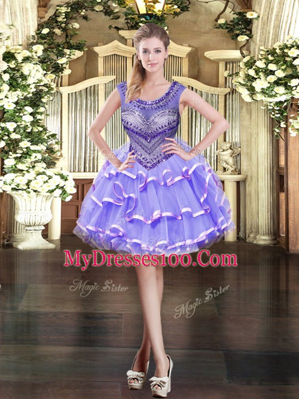 Sleeveless Tulle Floor Length Lace Up 15th Birthday Dress in Lavender with Beading and Ruffled Layers