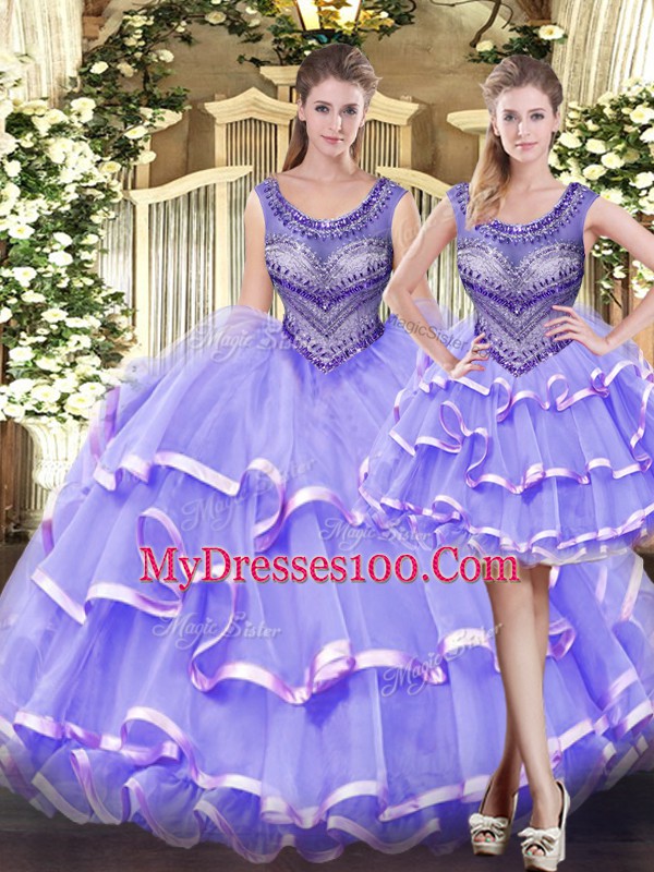 Sleeveless Tulle Floor Length Lace Up 15th Birthday Dress in Lavender with Beading and Ruffled Layers