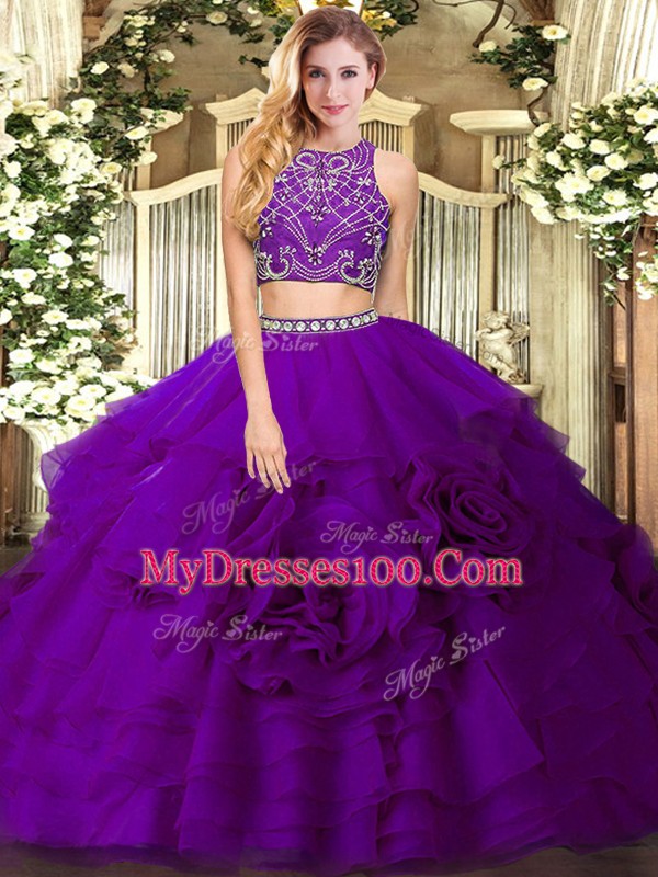 Floor Length Zipper 15 Quinceanera Dress Eggplant Purple for Military Ball and Sweet 16 and Quinceanera with Beading and Ruffled Layers