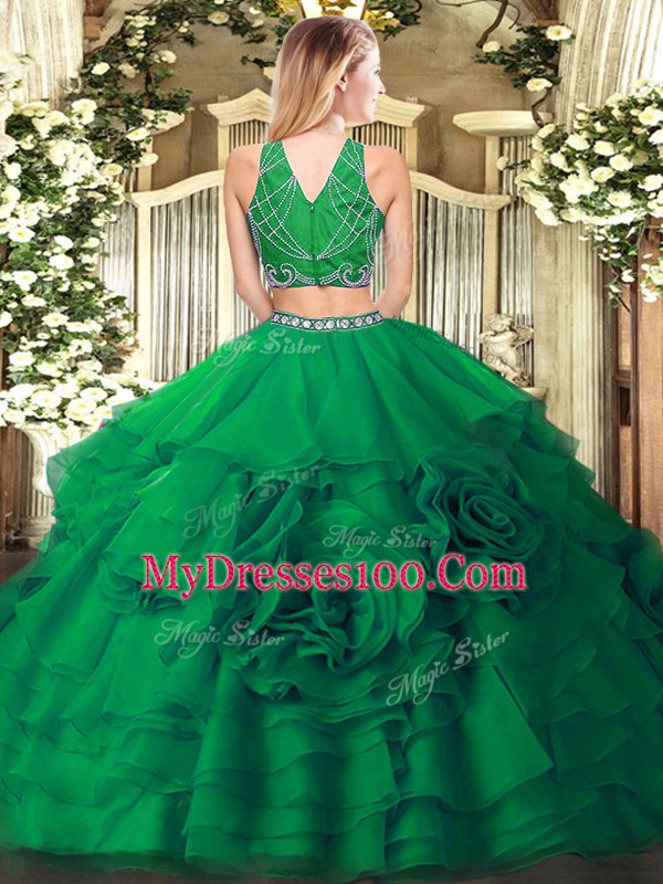 Floor Length Zipper 15 Quinceanera Dress Eggplant Purple for Military Ball and Sweet 16 and Quinceanera with Beading and Ruffled Layers