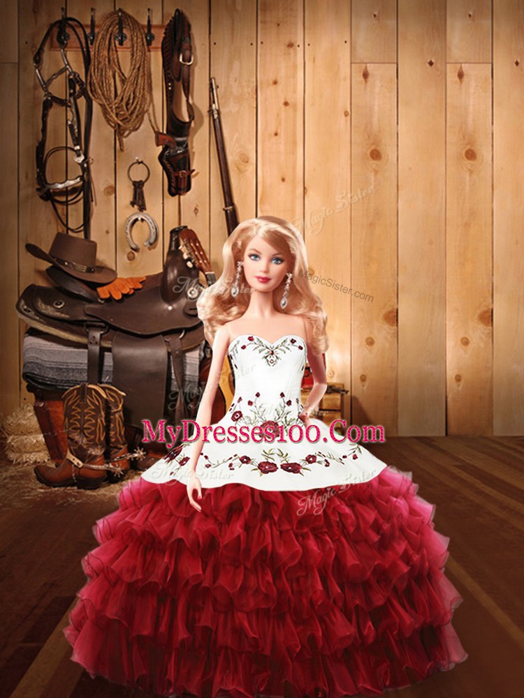 Floor Length Wine Red Quinceanera Dress Tulle Sleeveless Embroidery and Ruffles