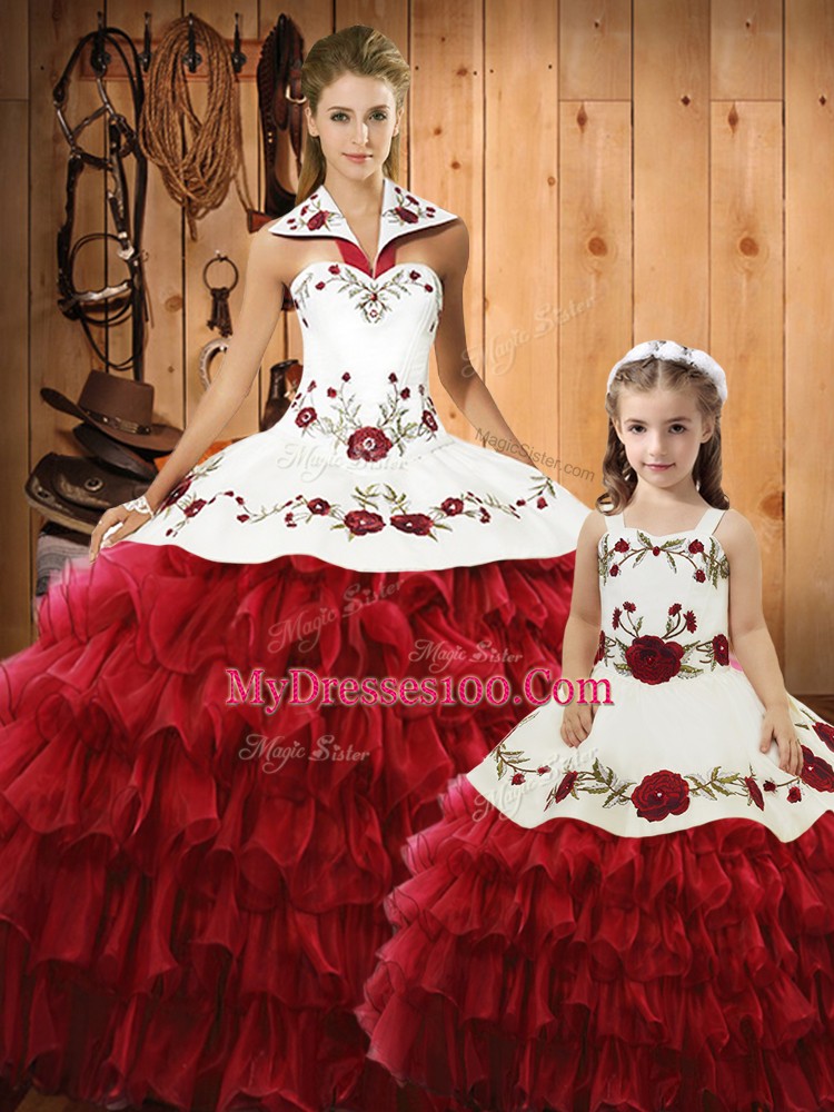 Floor Length Wine Red Quinceanera Dress Tulle Sleeveless Embroidery and Ruffles