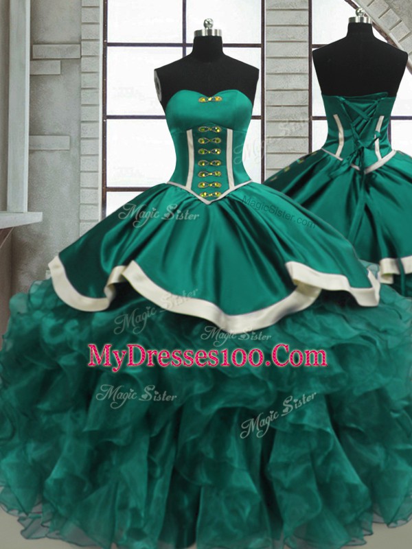 Wonderful Floor Length Turquoise Sweet 16 Dresses Organza Sleeveless Beading and Ruffles