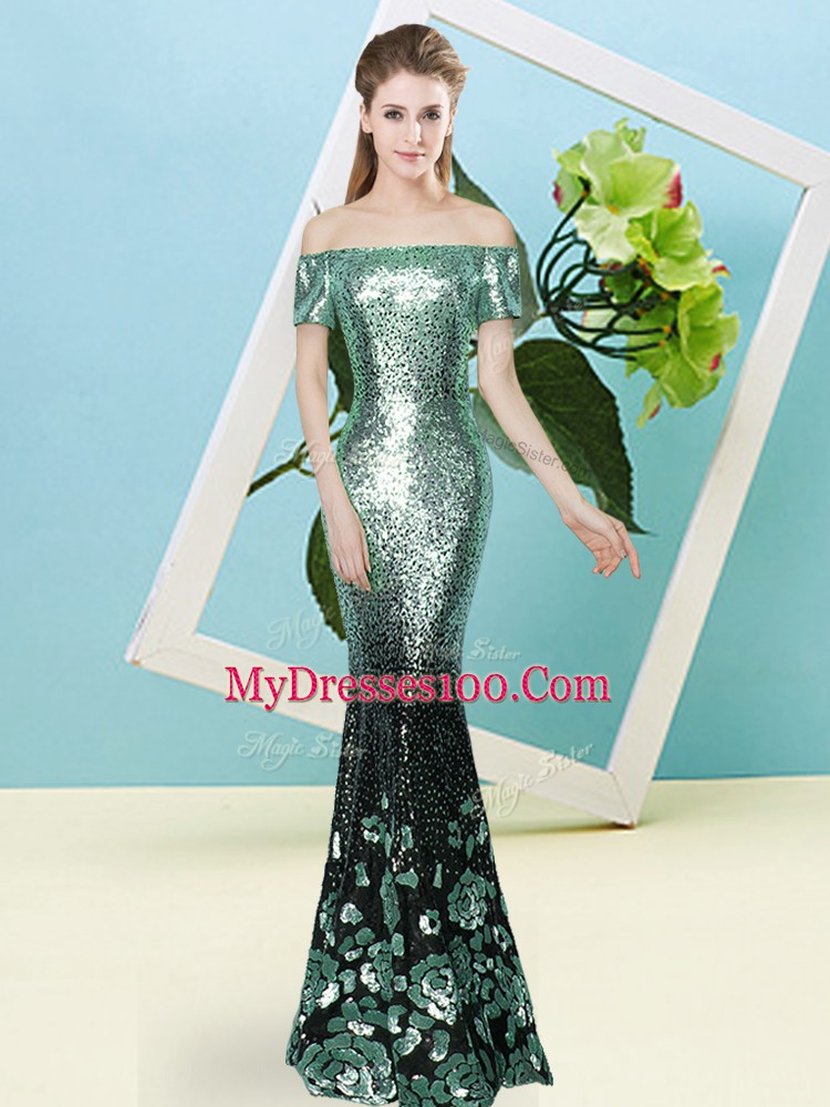 Nice Floor Length Turquoise Prom Evening Gown Sequined Short Sleeves Sequins