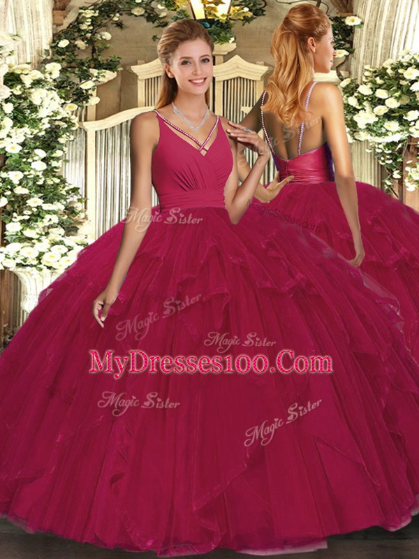 Admirable Tulle V-neck Sleeveless Backless Beading and Ruffles Quinceanera Gown in Fuchsia