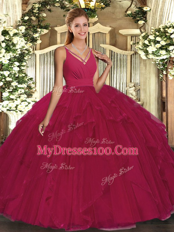 Admirable Tulle V-neck Sleeveless Backless Beading and Ruffles Quinceanera Gown in Fuchsia