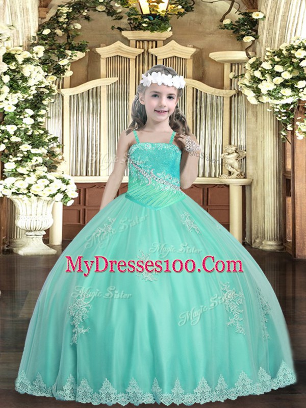 Apple Green Sleeveless Tulle Lace Up Little Girl Pageant Gowns for Party and Sweet 16 and Quinceanera and Wedding Party