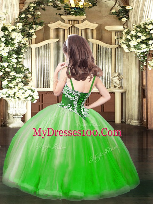 Sleeveless Tulle Floor Length Lace Up Kids Formal Wear in Blue with Appliques