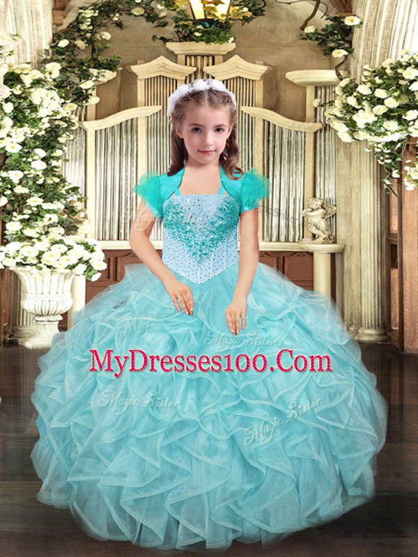 On Sale Floor Length Aqua Blue and Apple Green Little Girls Pageant Dress Straps Sleeveless Lace Up