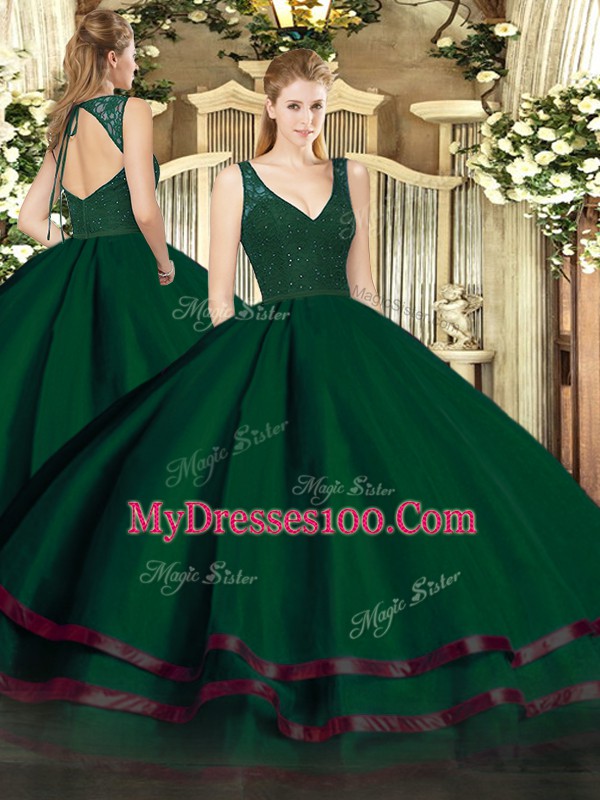 Dark Green Sleeveless Floor Length Beading and Lace and Ruffled Layers Backless Quinceanera Dresses