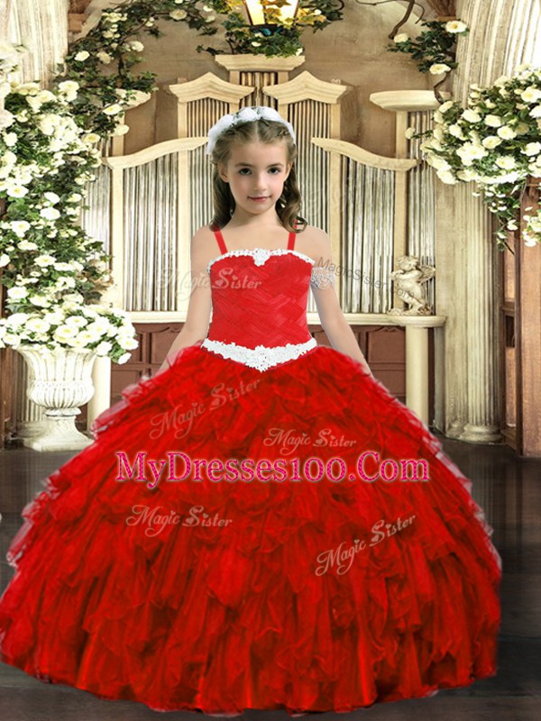 Fantastic Ball Gowns Child Pageant Dress Wine Red Straps Organza Sleeveless Floor Length Lace Up