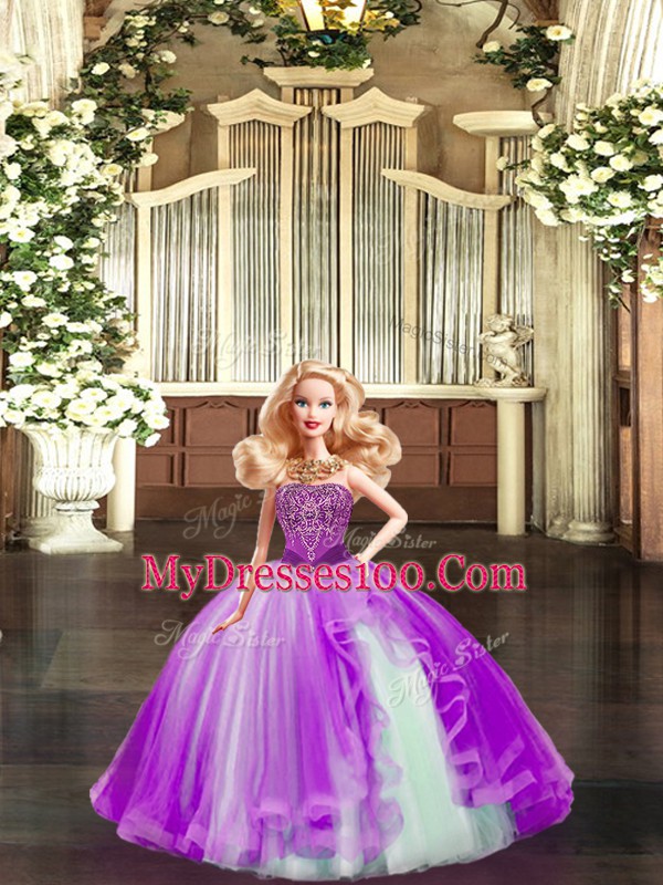 Sleeveless Organza Floor Length Lace Up Quinceanera Dress in Multi-color with Beading and Ruffles