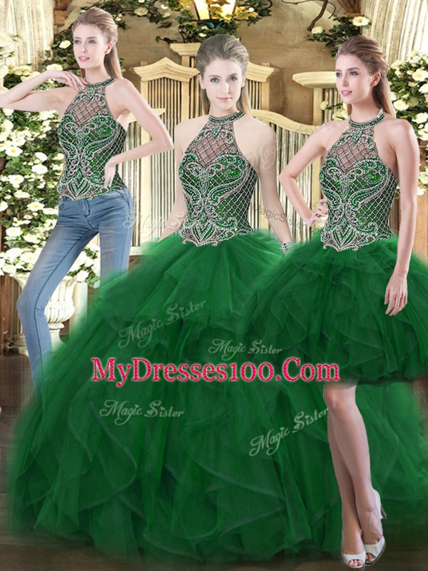 Dark Green Organza Lace Up High-neck Sleeveless Floor Length Sweet 16 Quinceanera Dress Beading and Ruffles