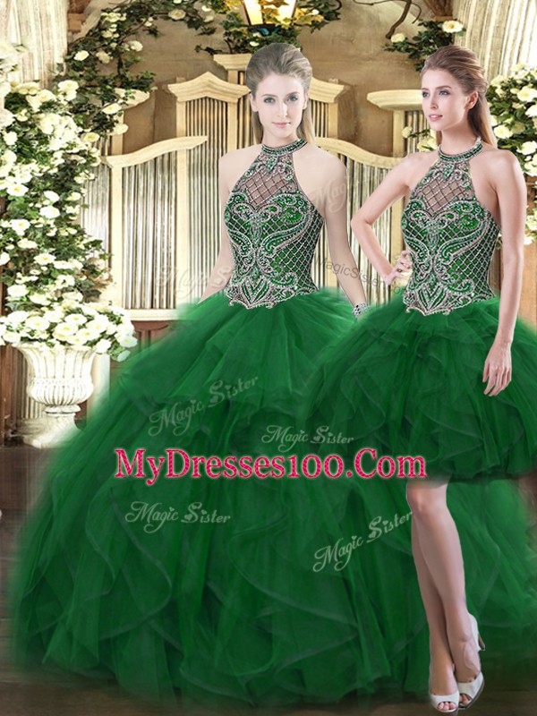 Dark Green Organza Lace Up High-neck Sleeveless Floor Length Sweet 16 Quinceanera Dress Beading and Ruffles