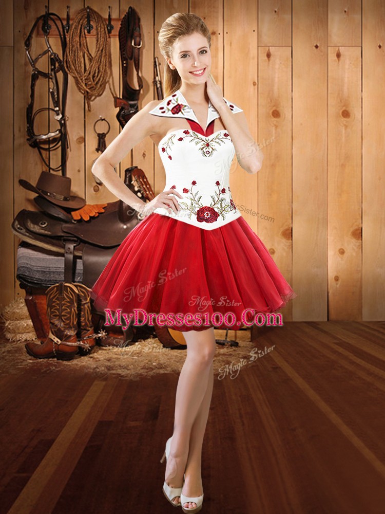 Halter Top Sleeveless Organza Embroidery Lace Up
