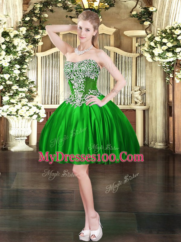 Modern Green Ball Gowns Beading Homecoming Dress Lace Up Satin Sleeveless Mini Length