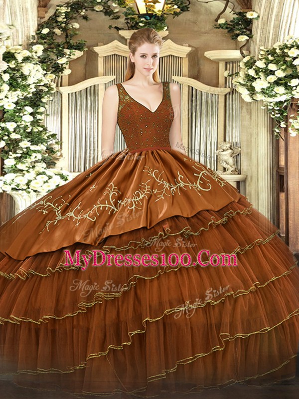 Hot Selling Sleeveless Zipper Floor Length Beading and Embroidery and Ruffled Layers Quinceanera Gowns