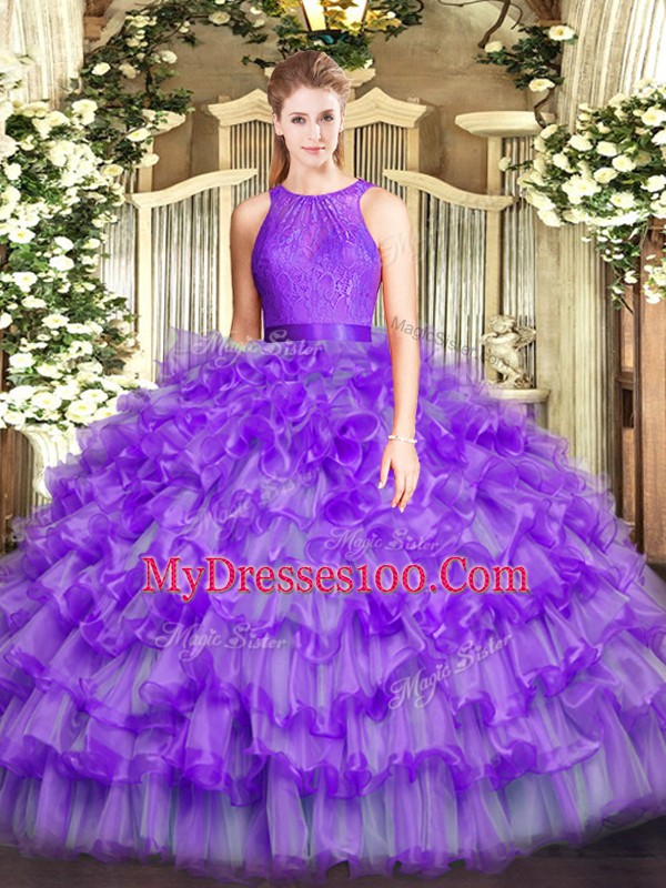 Eggplant Purple Sleeveless Organza Zipper Sweet 16 Quinceanera Dress for Military Ball and Sweet 16 and Quinceanera