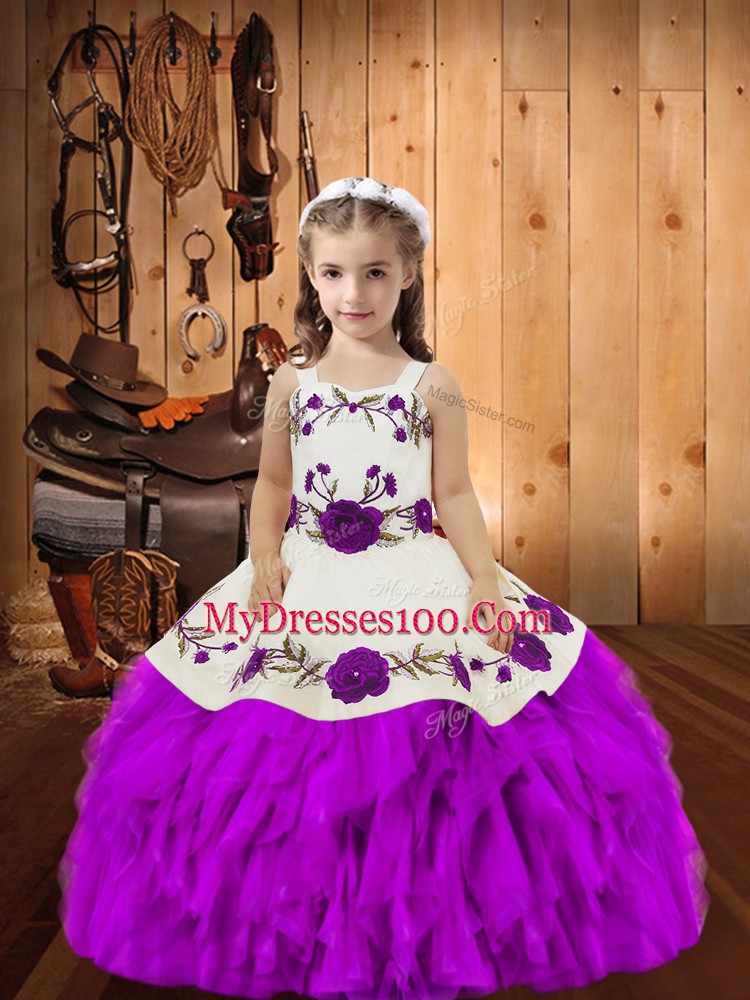 Purple Straps Lace Up Embroidery and Ruffles Kids Formal Wear Sleeveless