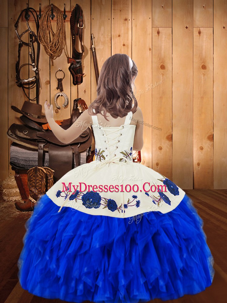 Purple Straps Lace Up Embroidery and Ruffles Kids Formal Wear Sleeveless