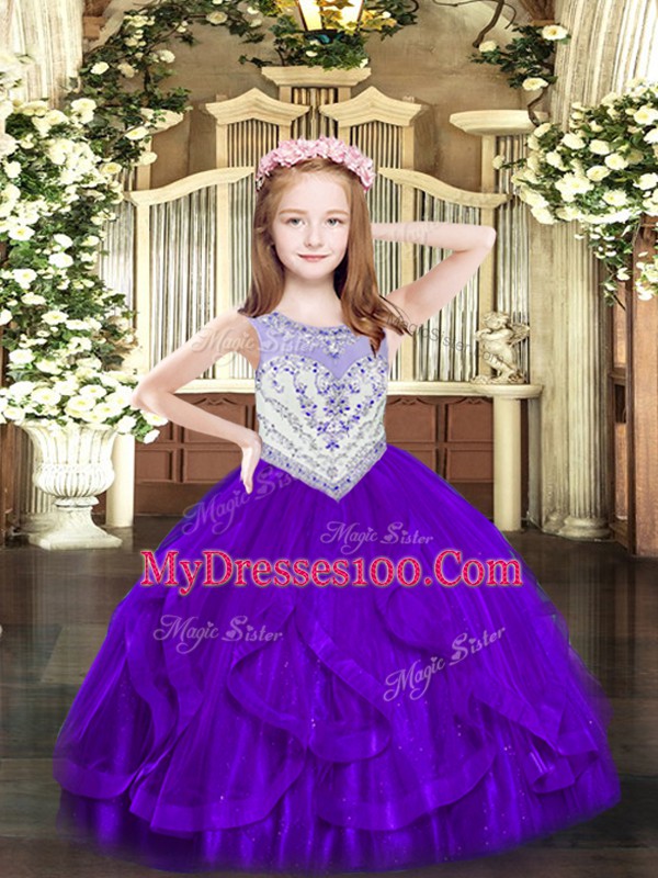 Dazzling Purple Sleeveless Floor Length Beading and Ruffles Zipper Pageant Gowns For Girls