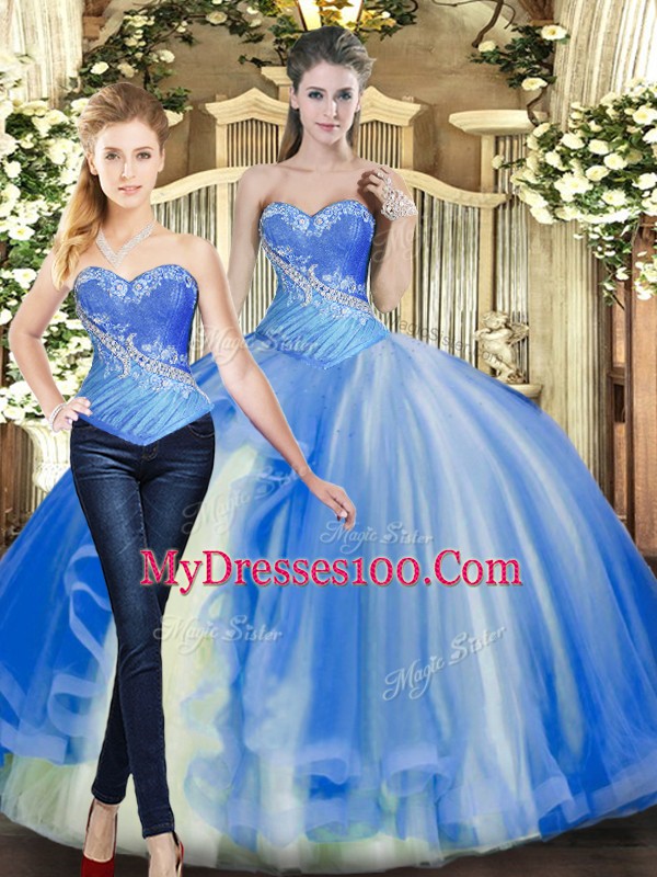 Baby Blue Ball Gowns Beading Vestidos de Quinceanera Lace Up Tulle Sleeveless Floor Length