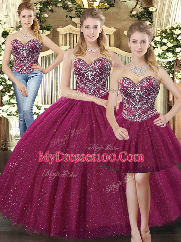 Fuchsia Sleeveless Beading Floor Length Sweet 16 Dresses