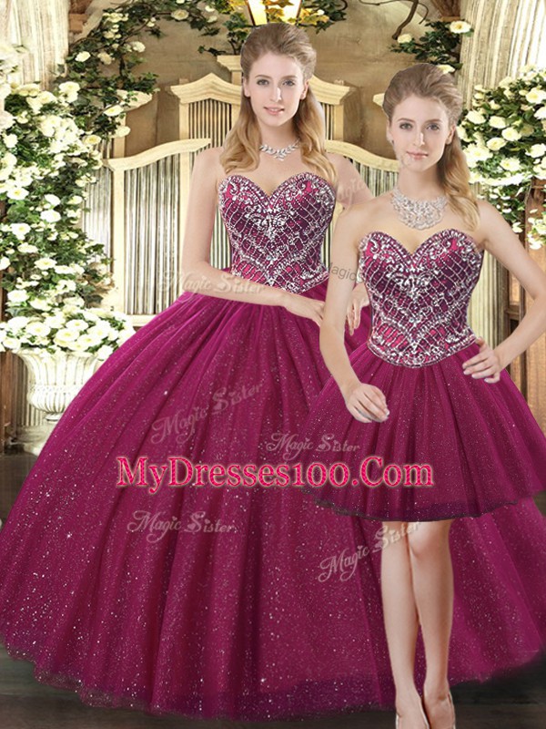 Fuchsia Sleeveless Beading Floor Length Sweet 16 Dresses
