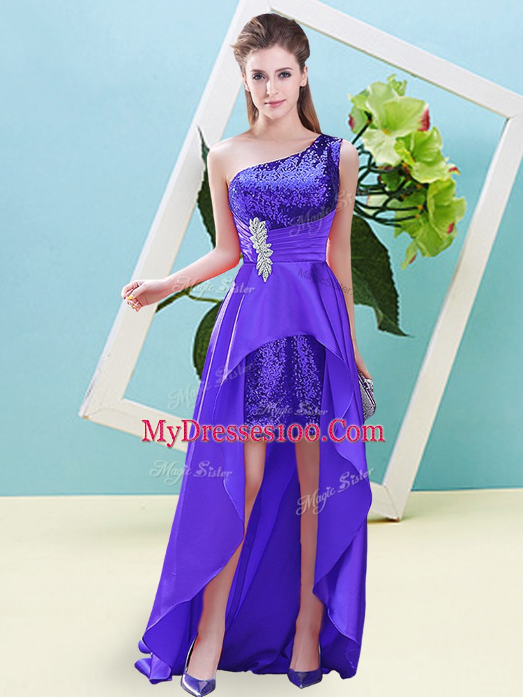 Sophisticated Purple Sleeveless High Low Beading Lace Up Prom Party Dress