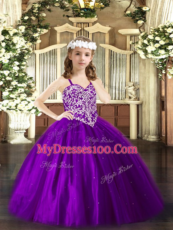 Great Purple Girls Pageant Dresses Party and Quinceanera with Beading Straps Sleeveless Lace Up