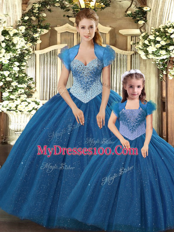 Ball Gowns Ball Gown Prom Dress Teal Straps Tulle Sleeveless Floor Length Lace Up