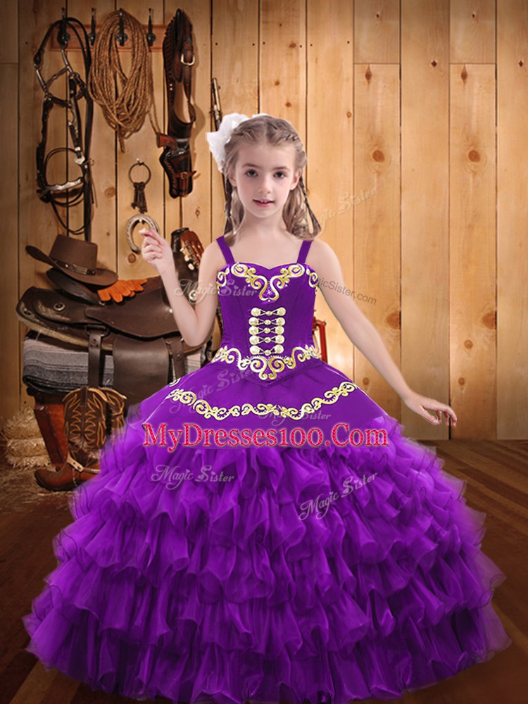 Unique Ball Gowns Pageant Gowns For Girls Purple Straps Organza Sleeveless Floor Length Lace Up