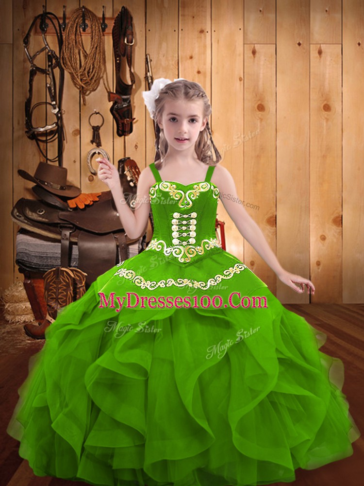 Floor Length Green Child Pageant Dress Straps Sleeveless Lace Up