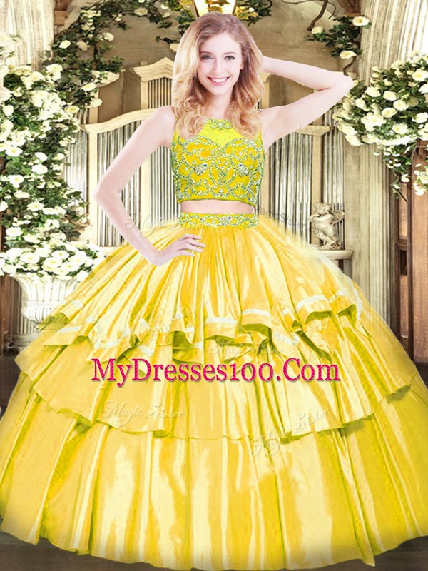 Deluxe Scoop Sleeveless Quinceanera Gowns Floor Length Beading and Ruffled Layers Yellow Tulle